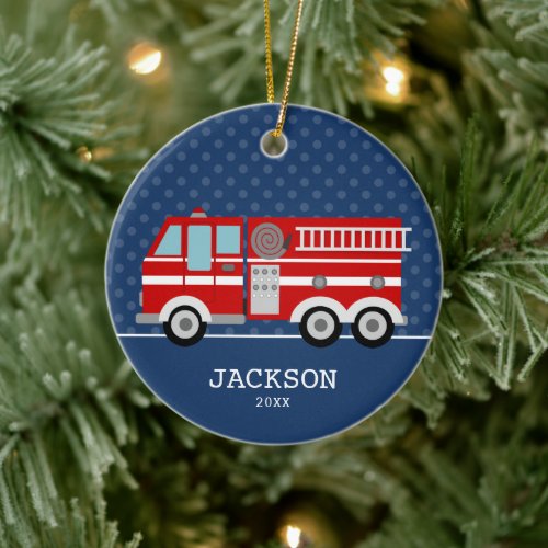 Fire Truck Navy Blue Polka Dot Personalized Kids Ceramic Ornament