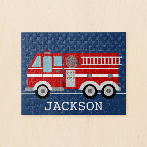 Fire Truck Navy Blue Polka Dot Personalized Kids Jigsaw Puzzle
