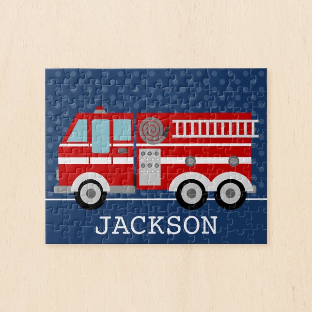Fire Truck Navy Blue Polka Dot Personalized Kids Jigsaw Puzzle (Creator Uploaded)