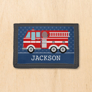 Fire Truck Navy Blue Polka Dot Personalized Kids Tri-fold Wallet