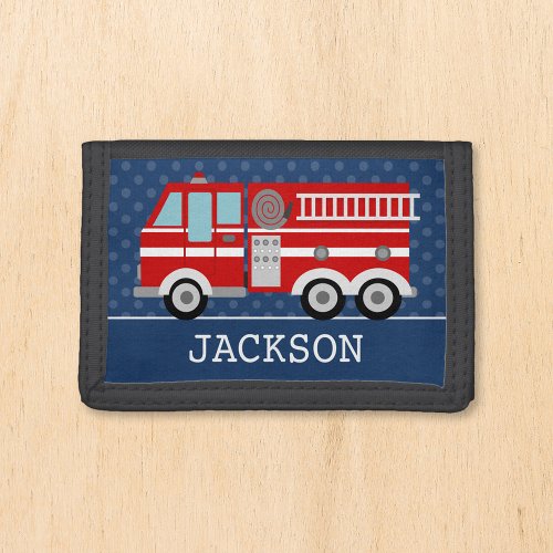 Fire Truck Navy Blue Polka Dot Personalized Kids Trifold Wallet