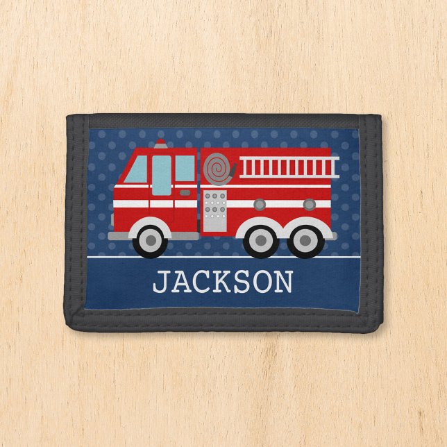 Fire Truck Navy Blue Polka Dot Personalized Kids Trifold Wallet (Creator Uploaded)