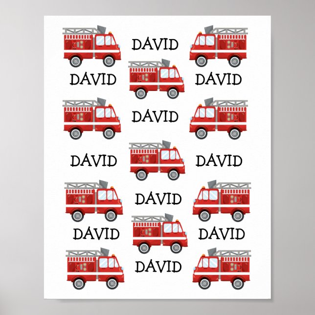 Fire Truck Personalized Baby Name Nursery Wall Art (Front)