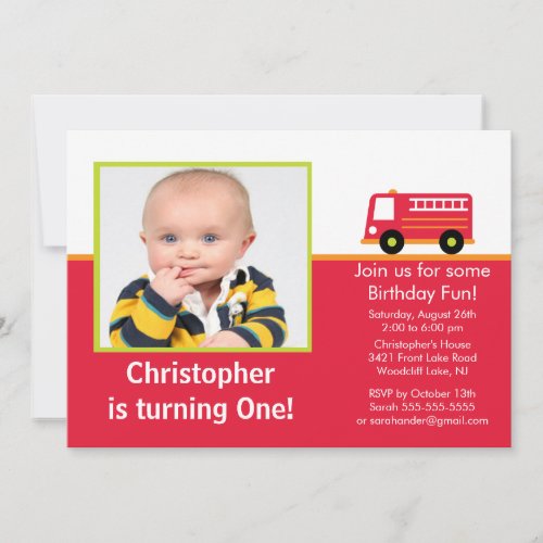 Fire truck Photo Birthday Party Invitation
