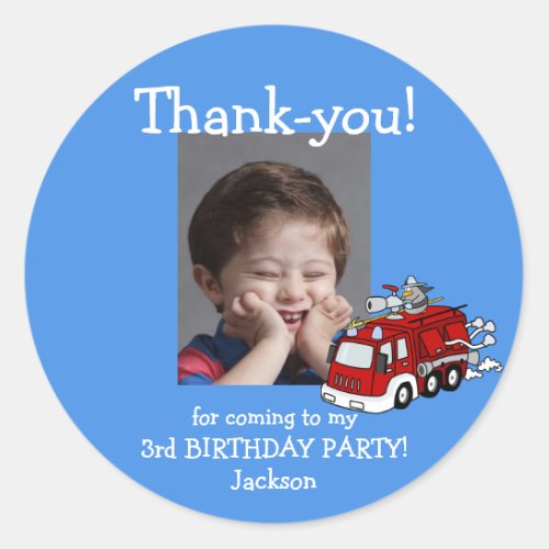 Fire Truck Photo Thank You Birthday Sticker Boy Classic Round Sticker