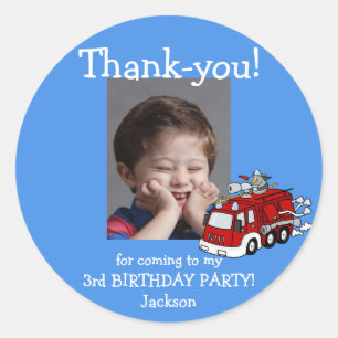 Fire Truck Photo Thank You Birthday Sticker, Boy Classic Round Sticker