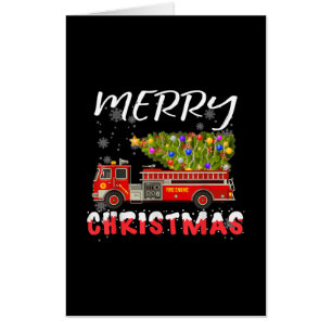 Fire Truck Pine Tree Firefighter Christmas Family Card
