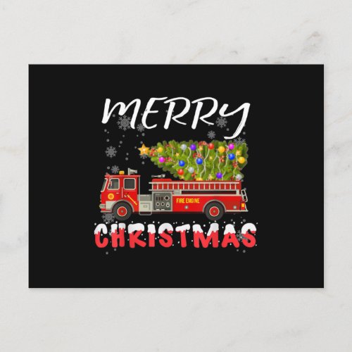 Fire Truck Pine Tree Firefighter Christmas Family Holiday Postcard