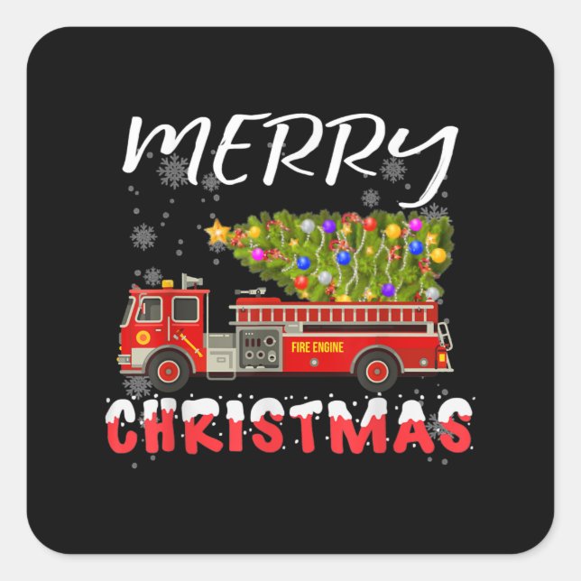 Fire Truck Pine Tree Firefighter Christmas Family Square Sticker (Front)