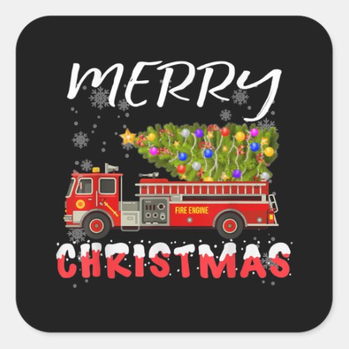 Fire Truck Pine Tree Firefighter Christmas Family Square Sticker