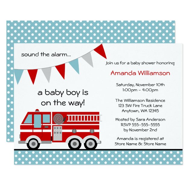 Fire Truck Polka Dot Banner Boy Baby Shower Invitation