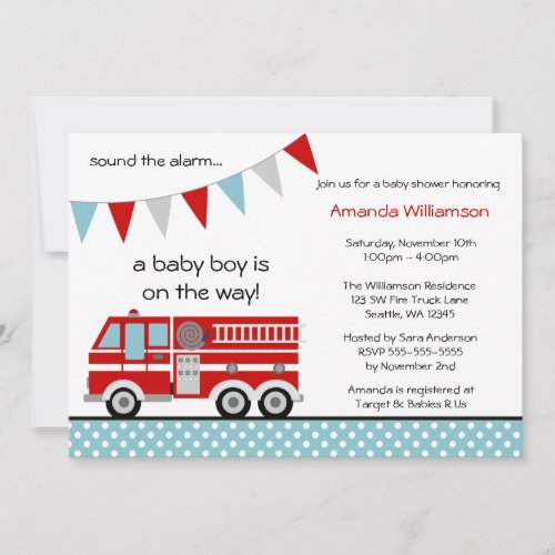 Fire Truck Polka Dot Banner Boy Baby Shower Invitation