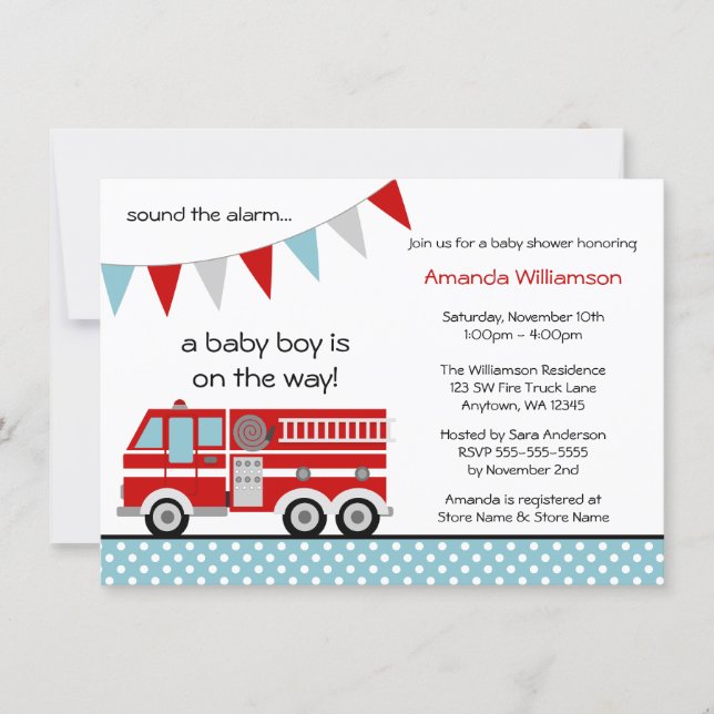 Fire Truck Polka Dot Banner Boy Baby Shower Invitation (Front)
