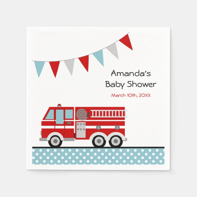 Fire Truck Polka Dot Banner Boy Baby Shower Paper Napkins (Front)