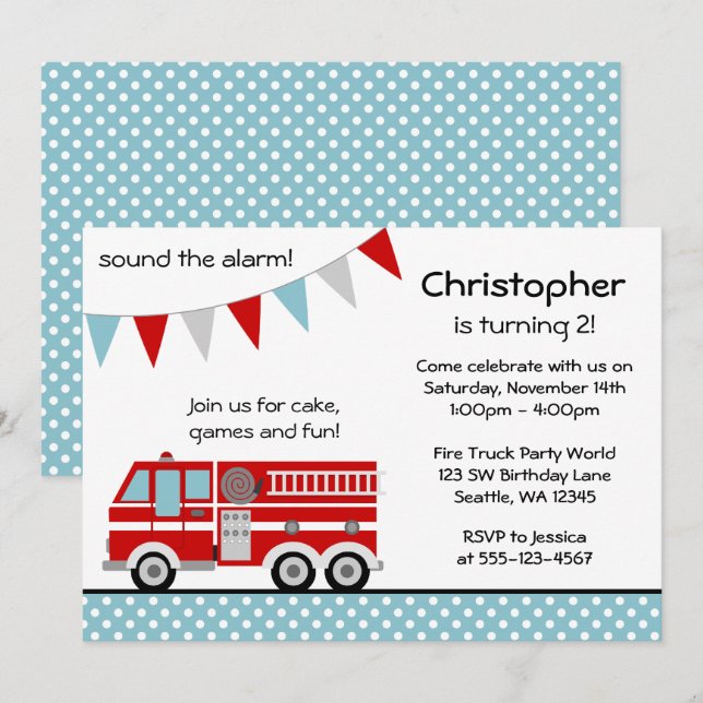 Fire Truck Polka Dot Banner Boy Birthday Party Invitation (Front/Back)