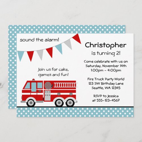 Fire Truck Polka Dot Banner Boy Birthday Party Invitation