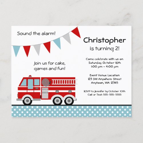 Fire Truck Polka Dot Banner Boy Birthday Party Invitation Postcard