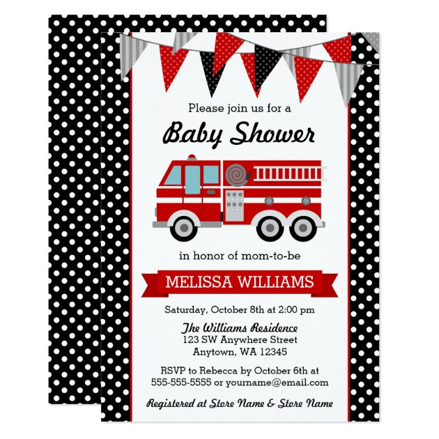 Fire Truck Polka Dot Bunting Baby Shower Invitation