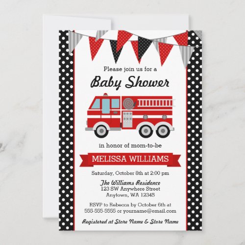 Fire Truck Polka Dot Bunting Baby Shower Invitation