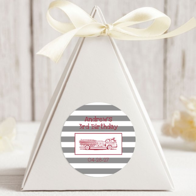 Fire Truck Red Boys Fun Birthday Favor Classic Round Sticker (Creator Uploaded)