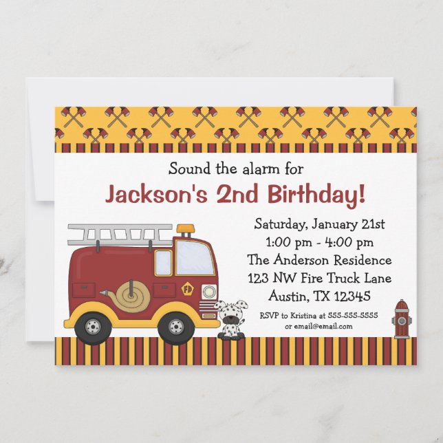 Fire Truck Red Stripes Birthday Party Invitations (Front)