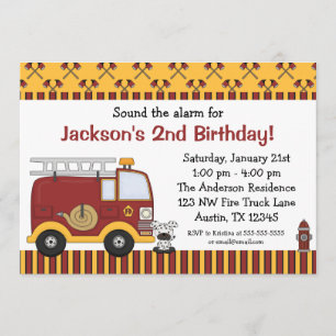 Fire Truck Red Stripes Birthday Party Invitations