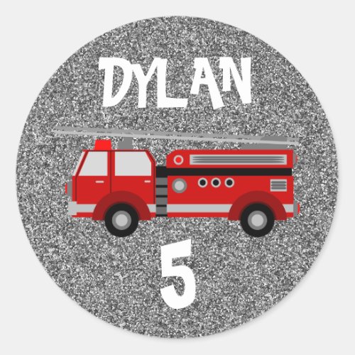 Fire truck Silver Sparkle Party Birthday Classic Round Sticker