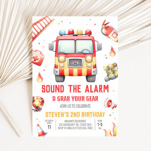 Fire Truck Sound the Alarm Birthday Invitation