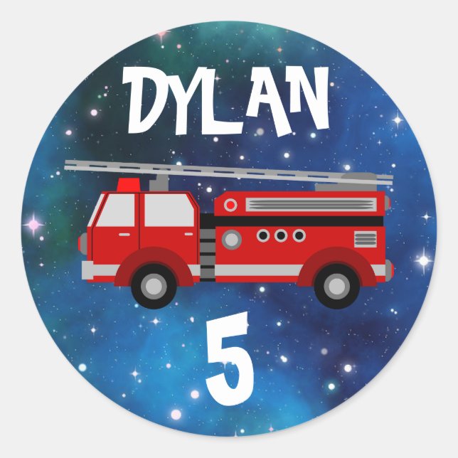 Fire truck Space Birthday Classic Round Sticker (Front)