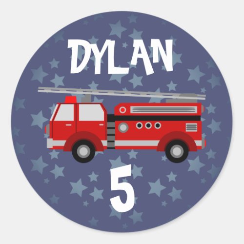 Fire truck Space Blue Birthday Classic Round Sticker