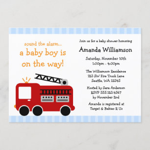 Fire Truck Stripes Boy Baby Shower Invitations