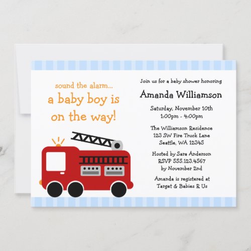 Fire Truck Stripes Boy Baby Shower Invitations