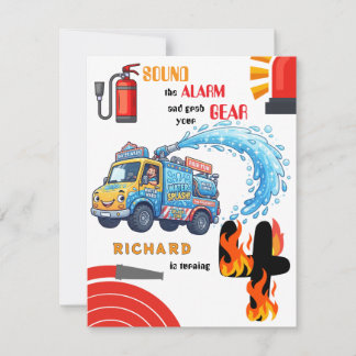 Fire Truck Theme Kids Birthday Party Celebration Invitation