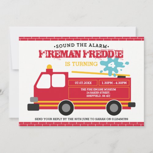 Fire truck themed birthday party invitation