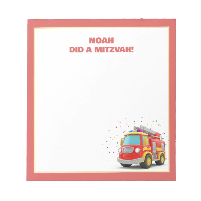 Fire Truck Themed Personalized Mitzvah  Notepad (Front)