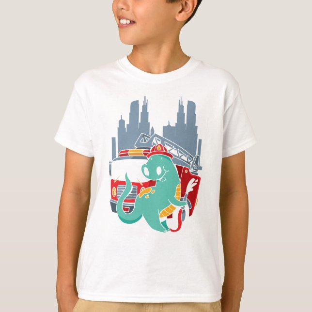 Fire Truck Trex Boys Firefighter Dinosaur T-Shirt (Front)