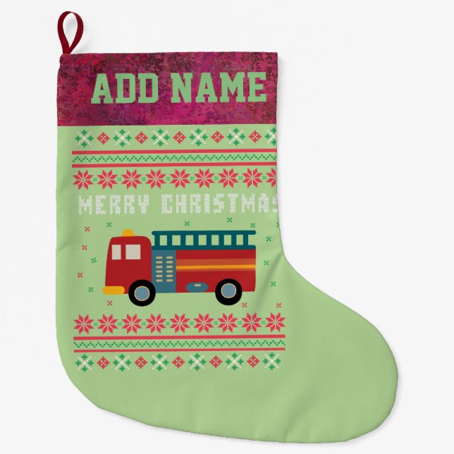 Fire Truck Ugly Christmas Sweater Large Christmas Stocking (Front)