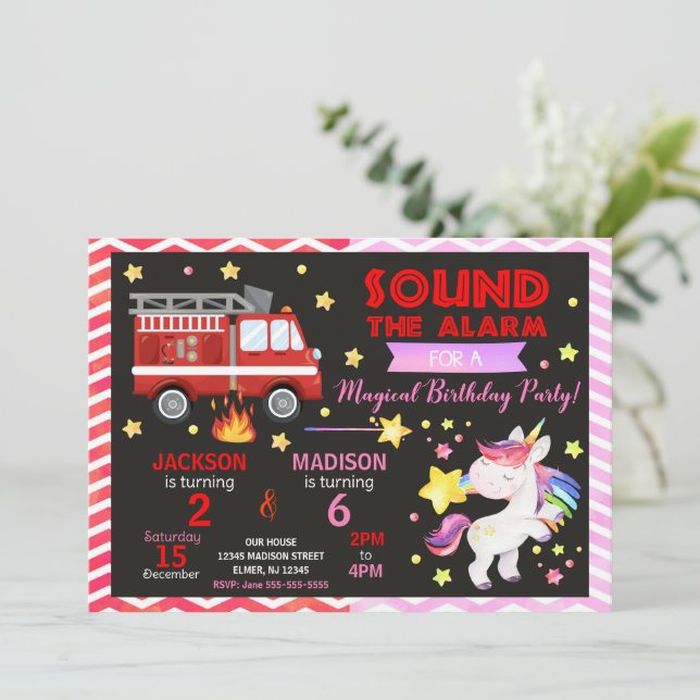 Fire Truck & Unicorn Joint Birthday Invitation (Standing Front)