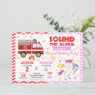 Fire Truck & Unicorn Joint Birthday Invitation