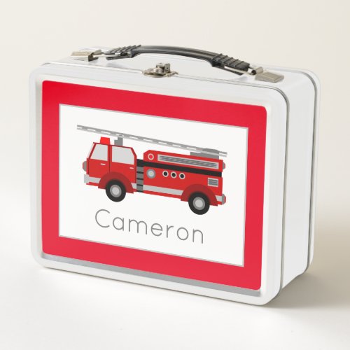 Fire Truck Vehicle Theme Nursery Red Border Metal Lunch Box