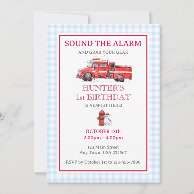 Fire Truck Watercolor Birthday Invitation (Front)