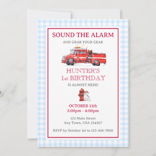 Fire Truck Watercolor Birthday Invitation