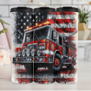 Fire Truck with Abstract American Flag Thermal Tumbler