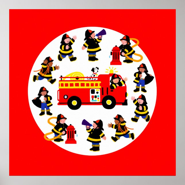Fire Truck with Busy Firefighters Poster (Front)
