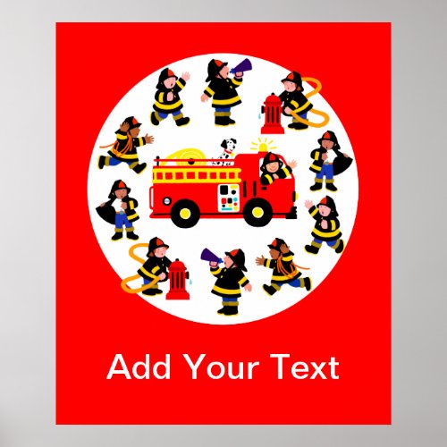 Fire Truck with Busy Firefighters Poster