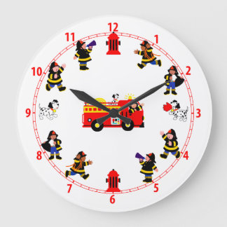 Fire Truck with Busy Firemen Large Clock
