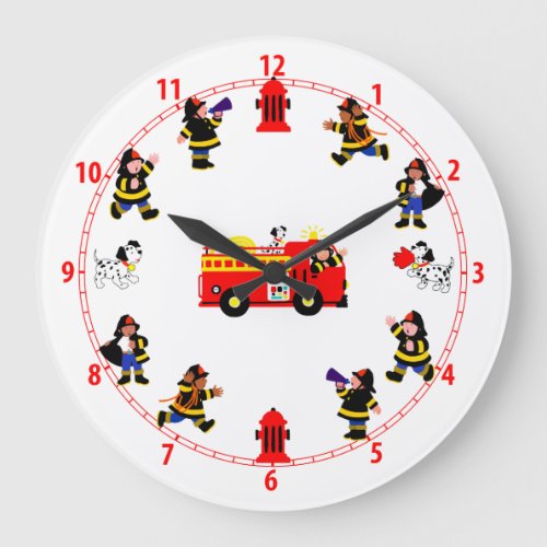 Fire Truck with Busy Firemen Large Clock