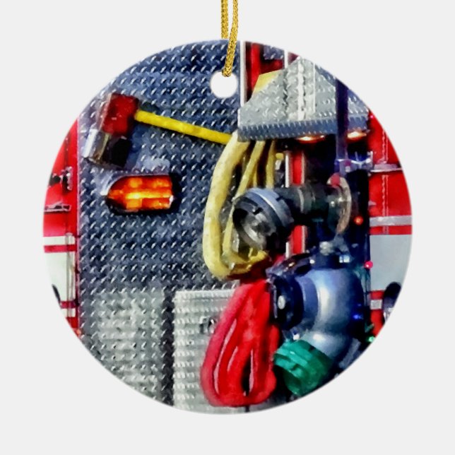 Fire Truck With Hoses and Ax Ceramic Ornament (Front)