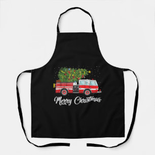 Fire Truck Xmas Tree Firefighter Merry Christmas Apron