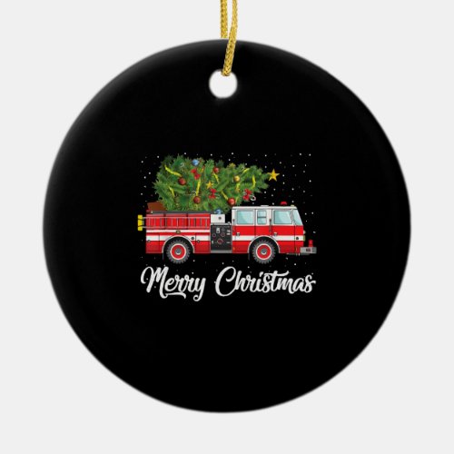 Fire Truck Xmas Tree Firefighter Merry Christmas Ceramic Ornament